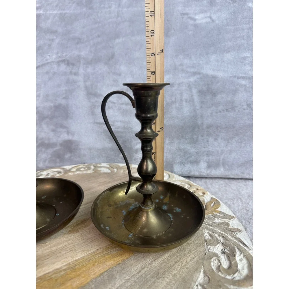 Vintage‎ Solid Brass Chamberstick Candle Holders Pair Finger Loop Handle 7 Inch